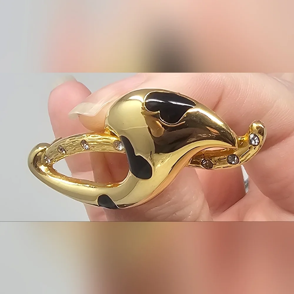 Gold Tone Black Enamel Heart Inlay Brooch With Rhinestones 2-1/4" - Picture 5 of 8